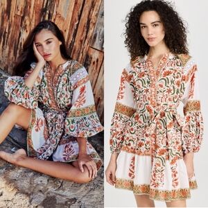 Charina Sarte Amara Bohemian Long Sleeve Mini Dress Orange White Small